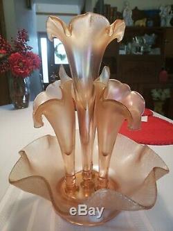 Vtg Lg Fenton 4 Horn Vase Epergne Pink Iridescent Stretch Glass 75th Anniversary