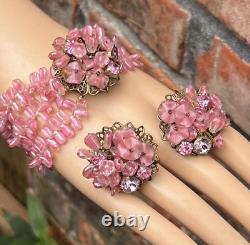 Vtg Pink Triple Strand Art Glass Bracelet & Clip Earrings Set, Haskell Style