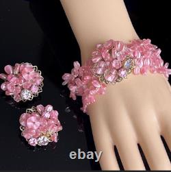 Vtg Pink Triple Strand Art Glass Bracelet & Clip Earrings Set, Haskell Style