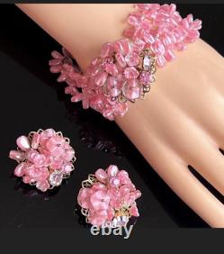 Vtg Pink Triple Strand Art Glass Bracelet & Clip Earrings Set, Haskell Style