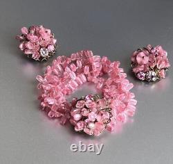 Vtg Pink Triple Strand Art Glass Bracelet & Clip Earrings Set, Haskell Style