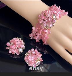 Vtg Pink Triple Strand Art Glass Bracelet & Clip Earrings Set, Haskell Style