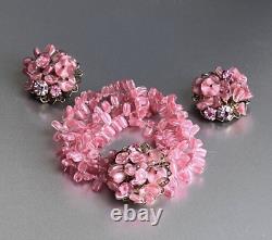 Vtg Pink Triple Strand Art Glass Bracelet & Clip Earrings Set, Haskell Style