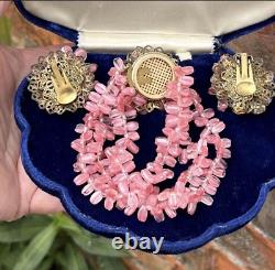 Vtg Pink Triple Strand Art Glass Bracelet & Clip Earrings Set, Haskell Style