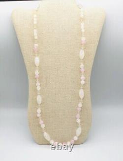 Vtg Signed Miriam Haskell White Light Pink Art Glass Beads Long Necklace 32