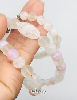 Vtg Signed Miriam Haskell White Light Pink Art Glass Beads Long Necklace 32