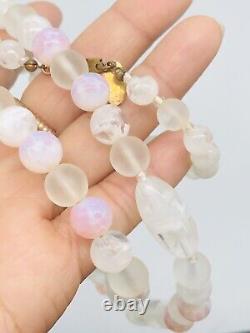 Vtg Signed Miriam Haskell White Light Pink Art Glass Beads Long Necklace 32