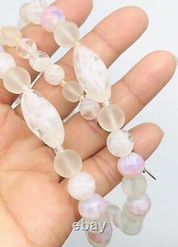 Vtg Signed Miriam Haskell White Light Pink Art Glass Beads Long Necklace 32