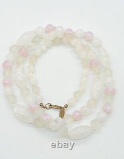 Vtg Signed Miriam Haskell White Light Pink Art Glass Beads Long Necklace 32