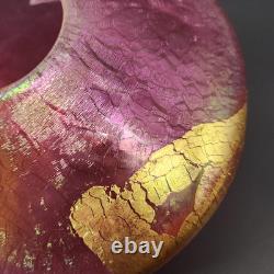 Vtg Signed Robert Eickholt Iridescent Pink Art Glass Vase Gold Foil Stretch 1995