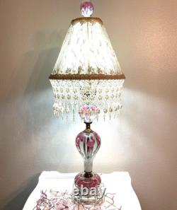 Vtg St. Clair Pink Art Glass Paperweight Lamp withShade, Finial EXCELLENT