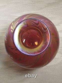 Vtg Steven Correia Pink/Cranberry Art-Glass Vase Beautiful Pulled Feather Motif