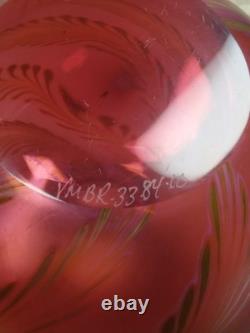 Vtg Steven Correia Pink/Cranberry Art-Glass Vase Beautiful Pulled Feather Motif