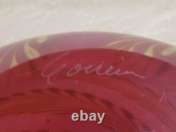 Vtg Steven Correia Pink/Cranberry Art-Glass Vase Beautiful Pulled Feather Motif