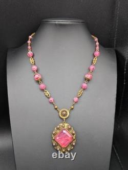 Vtg Swirled Pink Art Glass Bead West Germany Slag Necklace 18 Replaced Clasp