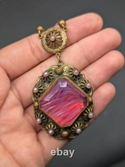 Vtg Swirled Pink Art Glass Bead West Germany Slag Necklace 18 Replaced Clasp