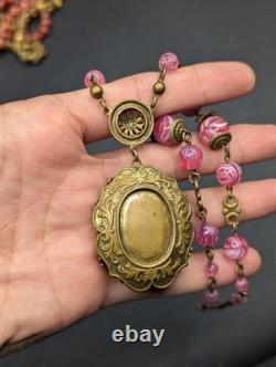 Vtg Swirled Pink Art Glass Bead West Germany Slag Necklace 18 Replaced Clasp