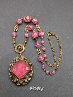 Vtg Swirled Pink Art Glass Bead West Germany Slag Necklace 18 Replaced Clasp