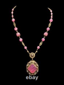 Vtg Swirled Pink Art Glass Bead West Germany Slag Necklace 18 Replaced Clasp