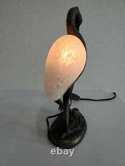 Vtg Table Lamp Pink Art Glass Bird Brass Bronze Tone 14 Night Light