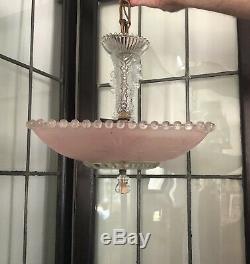 Vtg antique arT DEco Ceiling Light Fixture Chandelier Pink Etched Hobnail Square