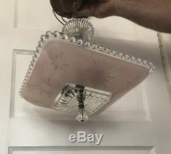 Vtg antique arT DEco Ceiling Light Fixture Chandelier Pink Etched Hobnail Square