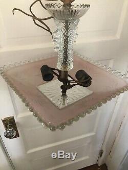 Vtg antique arT DEco Ceiling Light Fixture Chandelier Pink Etched Hobnail Square