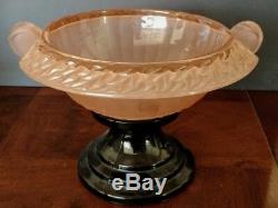 WALTHER & SOHNE 1930s Frosted Pink Compote Bowl withBlk Glass Plinth, Original Set