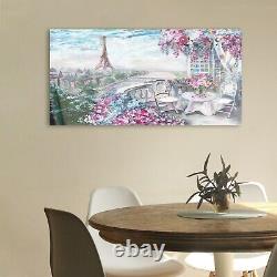 Wall Art Glass Print painting France pink Eiffel flower 100x50