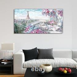 Wall Art Glass Print painting France pink Eiffel flower 120x60