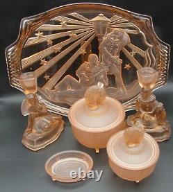 Walther & Sohne Art Deco PIERROT & PIERRETTE Pink Glass 6 Piece Dressing Set