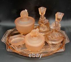 Walther & Sohne Art Deco PIERROT & PIERRETTE Pink Glass 6 Piece Dressing Set