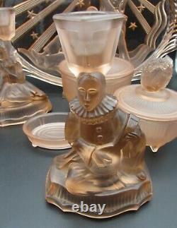 Walther & Sohne Art Deco PIERROT & PIERRETTE Pink Glass 6 Piece Dressing Set