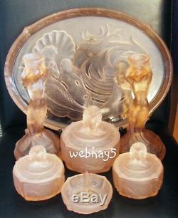 Walther & Sohne Art Deco Pink Glass Mermaid Nymphen Vanity Dressing Table Set