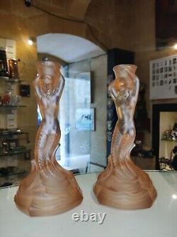 Walther & Söhne Art Deco Pink Glass'Nymphen' Candlesticks Art Glass Mermaid