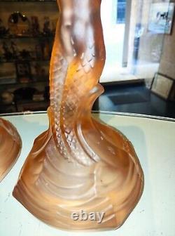 Walther & Söhne Art Deco Pink Glass'Nymphen' Candlesticks Art Glass Mermaid