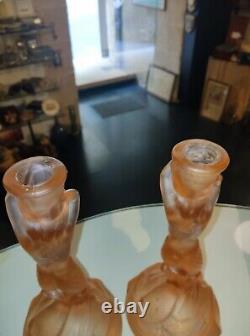 Walther & Söhne Art Deco Pink Glass'Nymphen' Candlesticks Art Glass Mermaid