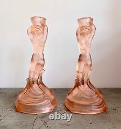 Walther & Sohne Art Deco Pink Glass Nymphen Mermaid Candlesticks 1930s Antique