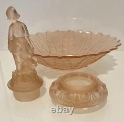 Walther & Söhne Goose Girl Art Deco Frosted Pink Glass Centerpiece Bowl 1930s