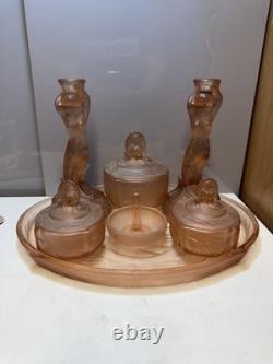 Walther Sohne Pink Glass Mermaid Nymphen 7 Piece Vanity Set Art Deco