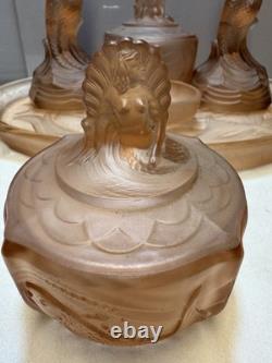 Walther Sohne Pink Glass Mermaid Nymphen 7 Piece Vanity Set Art Deco