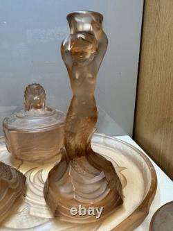 Walther Sohne Pink Glass Mermaid Nymphen 7 Piece Vanity Set Art Deco