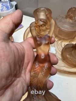 Walther Sohne Pink Glass Mermaid Nymphen 7 Piece Vanity Set Art Deco