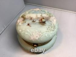 Wavecrest Blue & Pink Art Glass Dresser Box Hand-Painted Victorian Boats