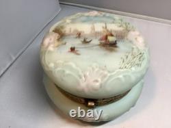 Wavecrest Blue & Pink Art Glass Dresser Box Hand-Painted Victorian Boats
