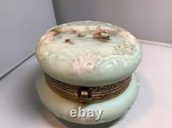 Wavecrest Blue & Pink Art Glass Dresser Box Hand-Painted Victorian Boats