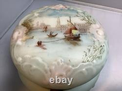 Wavecrest Blue & Pink Art Glass Dresser Box Hand-Painted Victorian Boats