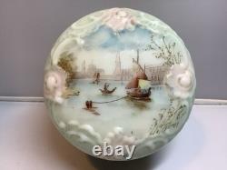 Wavecrest Blue & Pink Art Glass Dresser Box Hand-Painted Victorian Boats