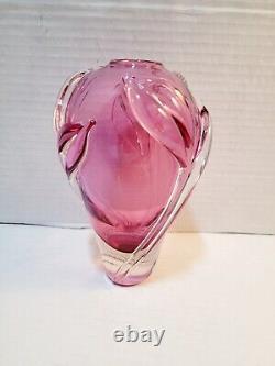 William Glasner Pink Cranberry Leaf Art Glass Vase Signed Numbered Vintage EUC