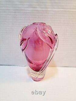 William Glasner Pink Cranberry Leaf Art Glass Vase Signed Numbered Vintage EUC
